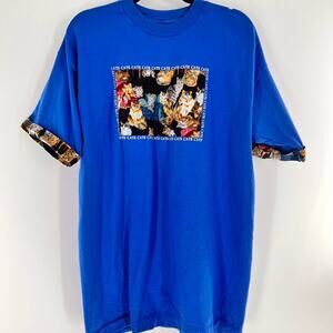 Women's vintage 90s tee with patterned cat applique blue multicolor 2XL